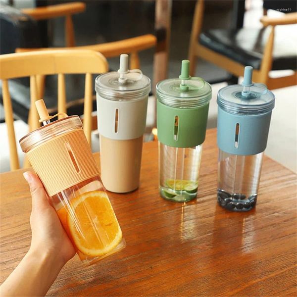 Botellas de agua botella 700ml viaje transparente portátil con tapa y pajita herramientas para beber taza de té práctico reutilizable accesorios para el hogar