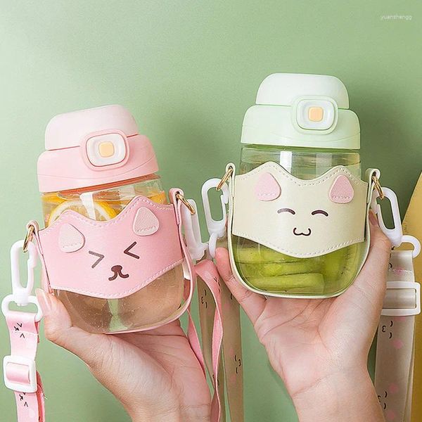 Bouteilles d'eau dessin animé rebond mignon tasse haute beauté en plastique fille enfants paille avec couverture en cuir Portable