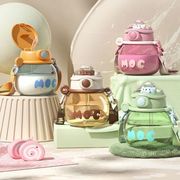 Bouteilles d'eau dessin animé mignon bouteille avec paille pour filles enfants buvant belle tasse de ventre en plastique Sport grand verres