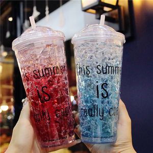 Water flessen cartoon plastic gel snelle koeling ijs cup zomer ijs drink grote capaciteit stro kopje dubbele kind stro kopje 230428
