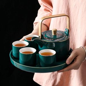 Théière en céramique peinte à la main en or, bouteilles d'eau, ensemble de théière élégante, tasse avec plateau, pichet à lait, bouilloire, boîte cadeau d'anniversaire