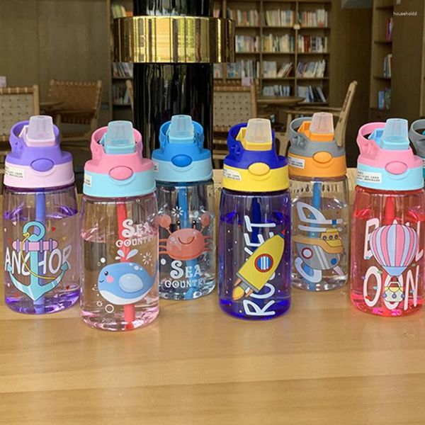 Botellas de agua para niños, botella de paja con pico de pato, 480ml, boquilla de succión de silicona portátil a prueba de fugas de plástico con dibujos animados para niños