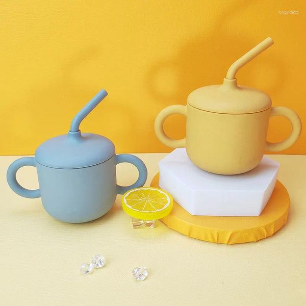 Bouteilles d'eau pour enfants, tasse à boire antichute avec deux oreilles et paille, couvercle en Silicone de qualité alimentaire, apprentissage pour bébés