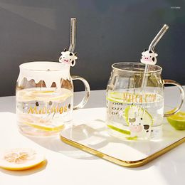 Bouteilles d'eau pour enfants lait café tasse en verre maison dessin animé vache boire petit déjeuner paille 450 ml tasses enfant Sippy Drinkware