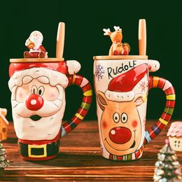 Waterflessen Kerst Keramische Mok Elanden Kerstman Cadeau Paar Kopjes 600ml Grote Capaciteit Cartoon Kantoor Koffiekopje Met Deksel Lepel 231130