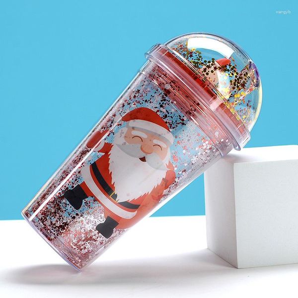 Botellas de agua Regalos de Navidad Tazas Reno Árbol de Navidad Botella de Papá Noel con pajita Taza de hielo de plástico de doble pared Taza de desayuno Taza de té