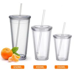 Bouteilles d'eau Tumbler clair avec paille réutilisable bouteille double couche transparente pour café lait bricolage smoothie tasse verres 231216