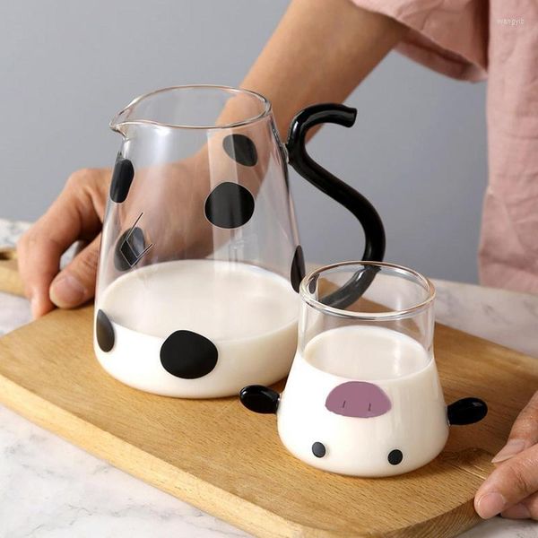 Bouteilles d'eau vache verre cruche pichet chevet lait Carafe avec tasse eau/lait bouilloire froide créative dessin animé mignon pour la maison et les enfants