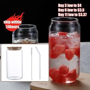 Botellas de agua Creative Can Shape Tea Juice Milk Glass Cup con tapa de bambú Taza de café Glass Drink Cup High Borosilicate Glass Drinkware Durable 230228