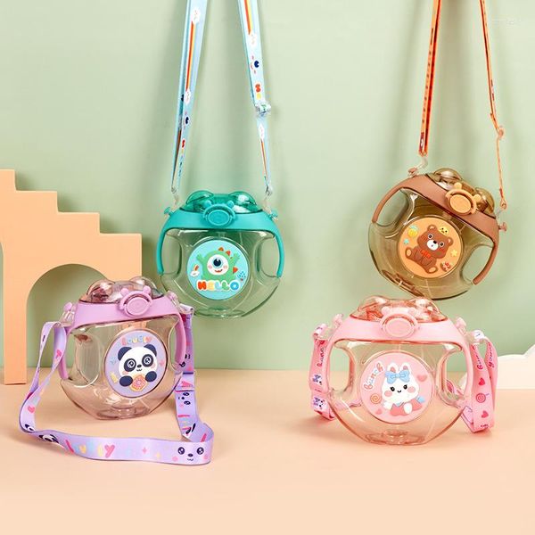 Waterflessen Creatieve Cartoon Donut Stro Plastic Beker Met Handvat Riem Draagbare Voor Kinderen Leuke Fles Glanzende Band Spray