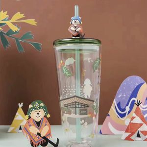 Bouteilles d'eau verre dessin animé créatif tasse à thé avec couvercle et paille verre à lait avec poignée tasses à café tasse en verre ensemble tasse froide tasse kawaii 230309