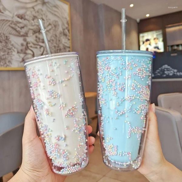 Botellas de agua Creativas de gran capacidad Taza de paja Red Espuma roja Doble capa Hielo triturado Moda Plástico Pareja Succión