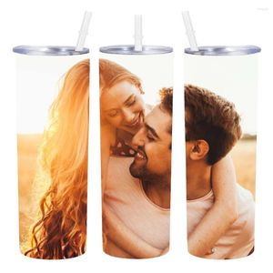 Botellas de agua Vaso personalizado con imagen de pareja Po con tapa y botella térmica con aislamiento de paja, taza de café de 20oz para campamento de viaje exterior