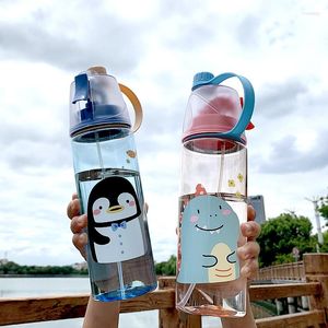 Botellas de agua Botella de niños de dibujos animados lindo para la escuela Bebidas de plástico Transparente Trinkflasche Mist Spray con paja