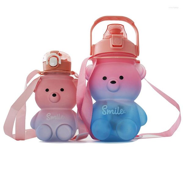 Bouteilles d'eau Mignon Kawaii Bouteille Pour Fille Ours En Plastique Rose Coréen Grande École De Sport Boire Avec Sangle Paille