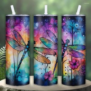 Bouteilles d'eau éblouissantes Fleurs de libellule colorée 3D Print sublimation tasse en acier inoxydable avec couvercle et paille mince pour cadeau