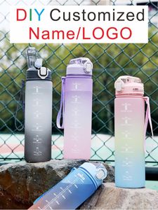 Botellas de agua, botella deportiva de plástico DIY con nombre de LOGOTIPO, 1L de gran capacidad, impresión personalizada, diseño de patrón, exterior, fácil de llevar, verano