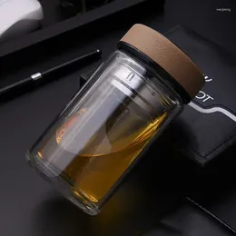 Bouteilles d'eau double verre couvercle en cuir portable tasse transparente personnalité de thé chunky