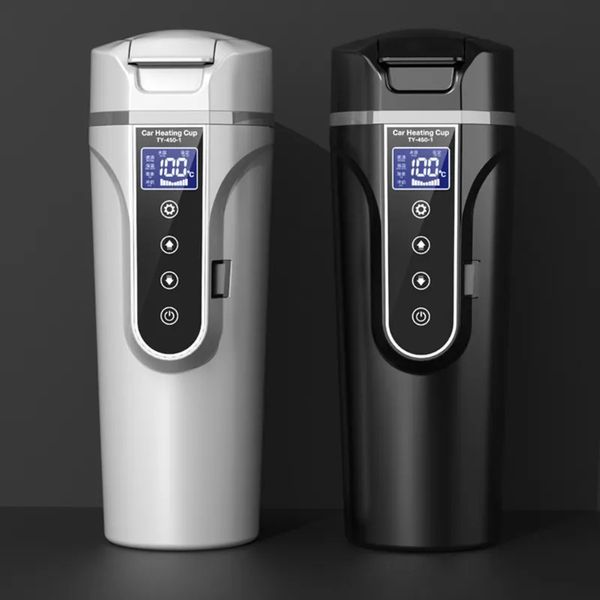 Botellas de agua Taza de café de viaje con calefacción eléctrica Vaso de acero inoxidable Calentador de leche y agua Botella Hervidor de automóvil Taza de té de café con LCD AOS 231007