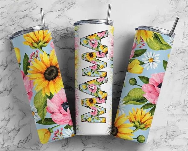 Botellas de agua Girasoles florales Mamá 20 oz Vaso de sublimación Día de la madre Regalo de mamá recta Botella aislada al vacío con pajita