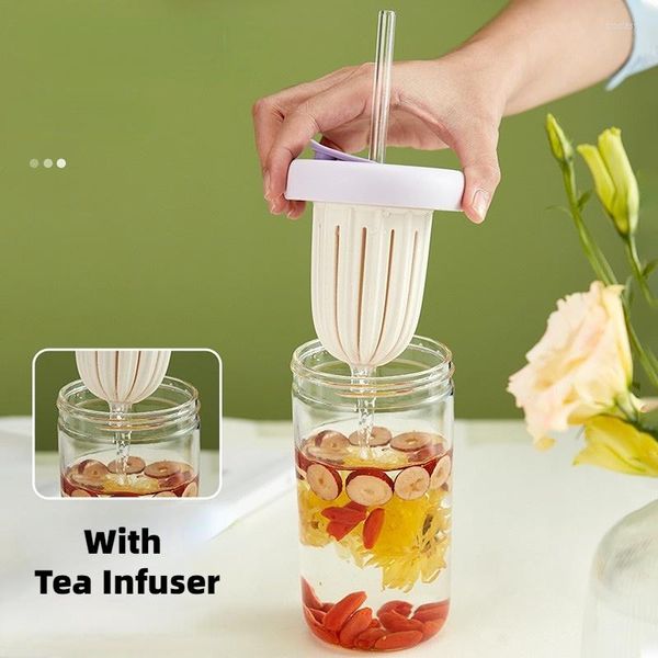 Botellas de agua, botella de vidrio con infusor de té, tapa de vasos transparente portátil y pajita, vasos de gran capacidad 2023