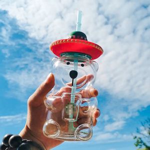 Botellas de agua Caza de sombrero de vidrio con borosilicato de paja Viento simple simple Lindo dibujos animados de bebida botella de leche Kawaii 231216