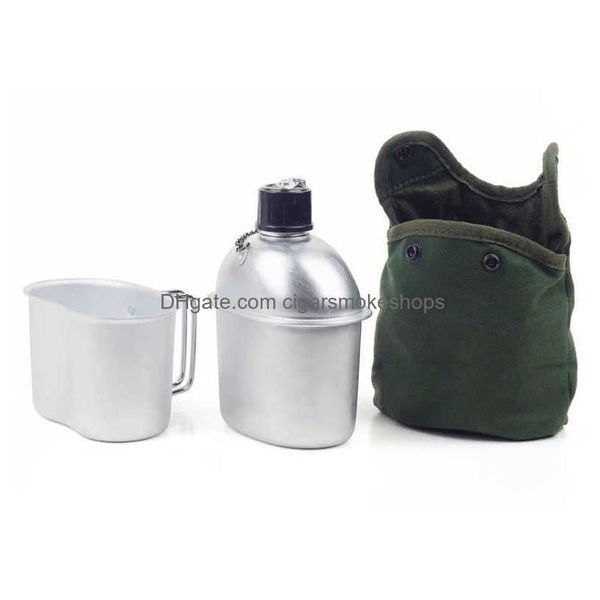 Botellas de agua Goalone 1L Kit de cantimplora militar Taza de aluminio portátil Conjunto de estufa de leña con bolsa de nylon Er para Cam Senderismo Mochilero Drop D DHXKX