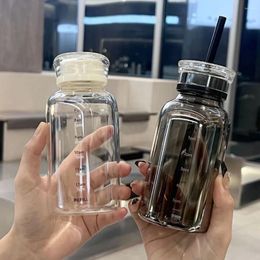 Waterflessen Ins Style Glazen fles Tijdschaal Koffiekopje Dubbele dop Lekvrije bril met deksel en rietje Drinken