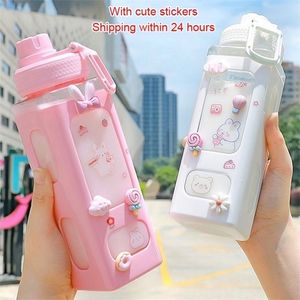 Waterflessen kawaii shaker pastel met stro 700 ml/900 ml plastic reistheelkam draagbare schattige gourde drinkcadeau voor meisje 221109