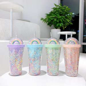 Waterflessen Koreaanse plastic beker dubbellaags met stronet Rood Ins Girl Home Office-fles Kawaii schattig drinkgerei