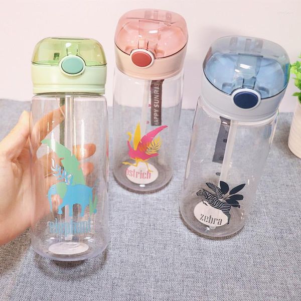 Botellas de agua de gran capacidad, taza de paja, deportes, plástico Simple con cubierta, cuerda de elevación, botella de estudiante con estampado de dibujos animados de primavera