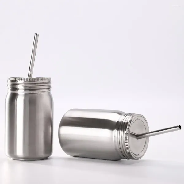 Bouteilles d'eau Mason Jar Silver Tumbler en acier inoxydable avec couvercle et tasses de sublimation de paille Voyage de transfert de chaleur