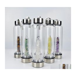 Botellas de agua Gema de cuarzo natural Botella de vidrio Bebida directa Copa de cristal 8 estilos Entrega de la gota Hogar Jardín Cocina Comedor Bar Bebida Dh7Zp