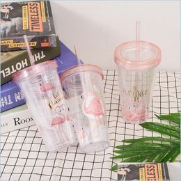 Bouteilles d'eau Originality Plastic St Cup Transparent Double Deck Water Bottle Flash Film Boisson Tumbler Heat Insation Cold Drop Del Dhobu