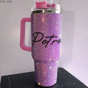 Waterflessen Gepersonaliseerde Strass 40oz Tumbler met handvat, deksel en rietje Thermosfles RVS Tumbler Cadeau voor moeder Cadeau voor haar YQ240221