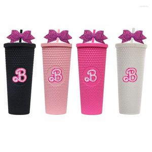 Bouteilles d'eau Gobelet en strass à barbe rose avec nœud à paillettes de paille inspiré clouté 710 ml bouteille sans BPA gobelets en plastique réutilisables