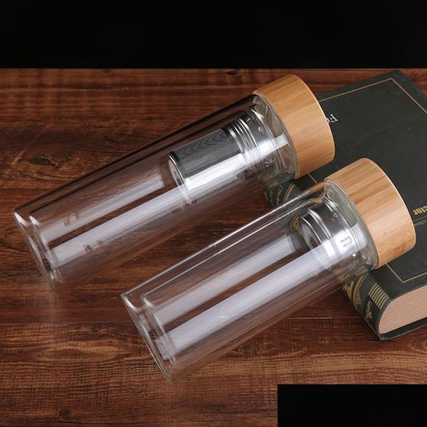 Bouteilles d'eau Couvercle en bambou portable Tasses d'eau à double paroi en verre Tumbler Passoire Infuseur Panier Bouteilles transparentes VT1805 Drop D Dhdqo