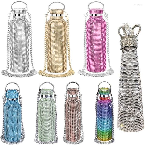 Botellas de agua Queen Crown Diamond Botella portátil Glitter Rhinestone Crossbody Termo de acero inoxidable Decoración del hogar