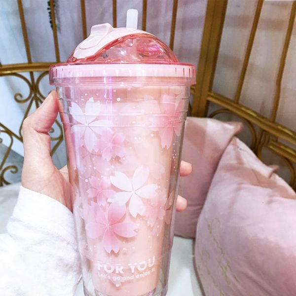 Bouteilles d'eau Sakura Gobelets en plastique sans BPA avec couvercles et paille Bouteille d'eau cachée Paille Tasse à glace pour boire une tasse de café Jus Lait tasse de paille 230703