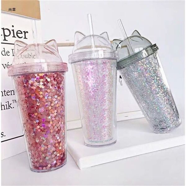 Bouteilles d'eau Sequin non bisphénol Une bouteille d'eau avec paille en plastique étincelant oreilles de chat double paroi bouteille de jus de café tasse 230407