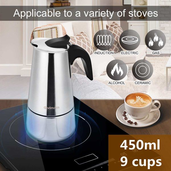 Botellas de agua Cafetera de acero inoxidable Moka Maker Filtro Italiano Espresso Percolador Herramienta Mocha Latte Cafetiere 300ml 230829