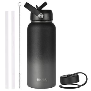 Bouteilles d'eau Bouteille d'eau de sport à Double paroi en acier inoxydable, isolée sous vide, large bouche avec capuchon flexible, couvercle en paille, couvercle rabattable, mousqueton 230303