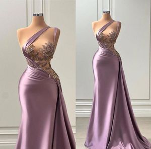 Sancyer lilas sirène robes de soirée salières perles des applications un plissage épaule volants longues femmes robes de fête occasionnelles Prom porte BC18634