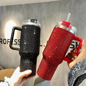 40oz Bling Strass Diamant Tumbler Glitter Waterfles Met Deksel Roestvrij Staal Vacuüm Thermisch Stro Fancy Vacuüm Drinkbekers Mokken FY5717