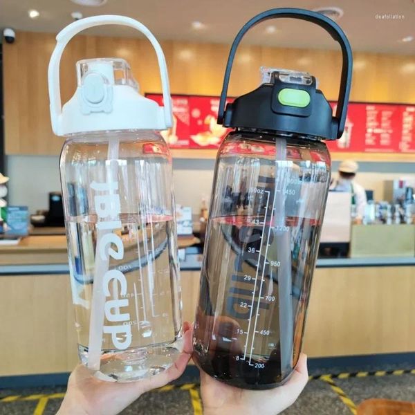 Botellas de agua, pajitas, bebida recta, botella de doble taza, boca de succión, hervidor deportivo para Fitness, gran capacidad, transparente con