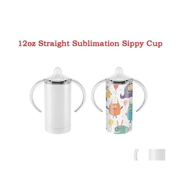 Botellas de agua Sublimación 12Oz Straight Sippy Cup Diy Botella de leche de bebé de vacío de acero inoxidable en blanco con pezón Insated Mug para Born Dha3H