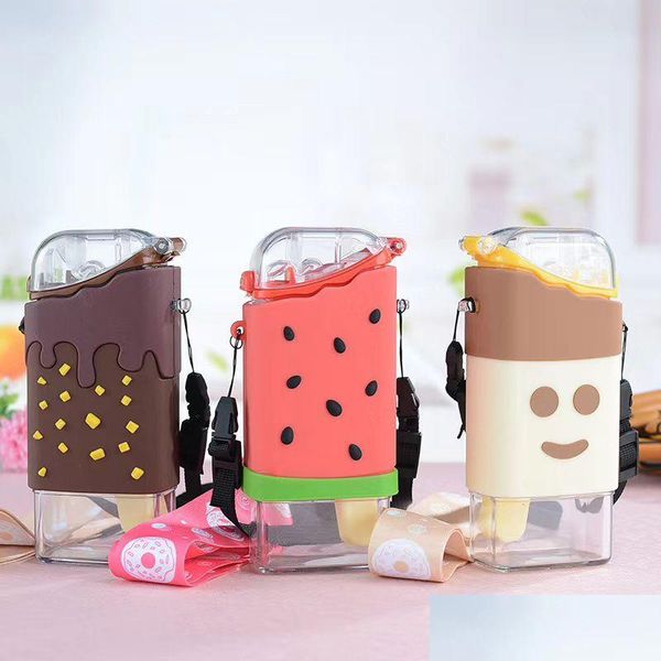 Botellas de agua Botella de agua de helado de donut lindo de verano con St Creative Square Sandía Taza portátil a prueba de fugas Tritan Drop Entrega DHT2Q