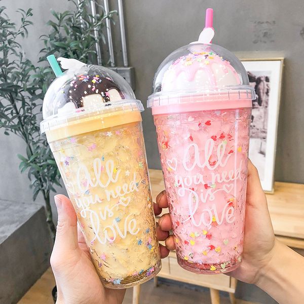 Botellas de agua Verano Niño Niñas Reutilizable Estilo coreano Taza de helado creativa Estudiante de doble capa Taza de bebida de paja de plástico con tapa 230428