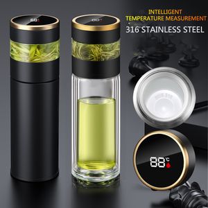 Bouteilles d'eau Infuseur à thé Fiole à vide Température Affichage LED 450 ml Tasse isotherme Gobelet en acier inoxydable Thermos Bouteille Tasse à café de voyage 230727