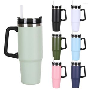 Vaso de botellas de agua con asa | Tapa de acero inoxidable de 30 oz y tazas de café de viaje con aislamiento al vacío de doble pared de paja portátiles